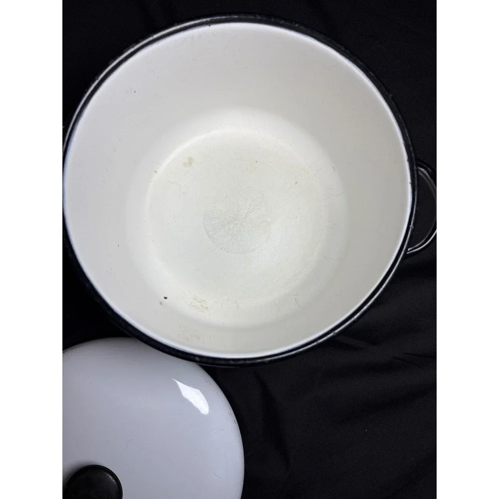 Vintage White Enamelware Stock Pot with Lid Black Trim Farmhouse Cookware
